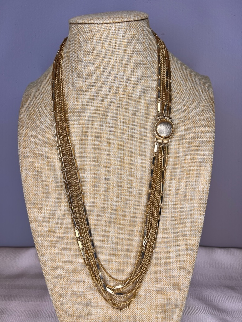Vintage Multi-strand Gold Tone Necklace With Decorative Brushed Box Clasp